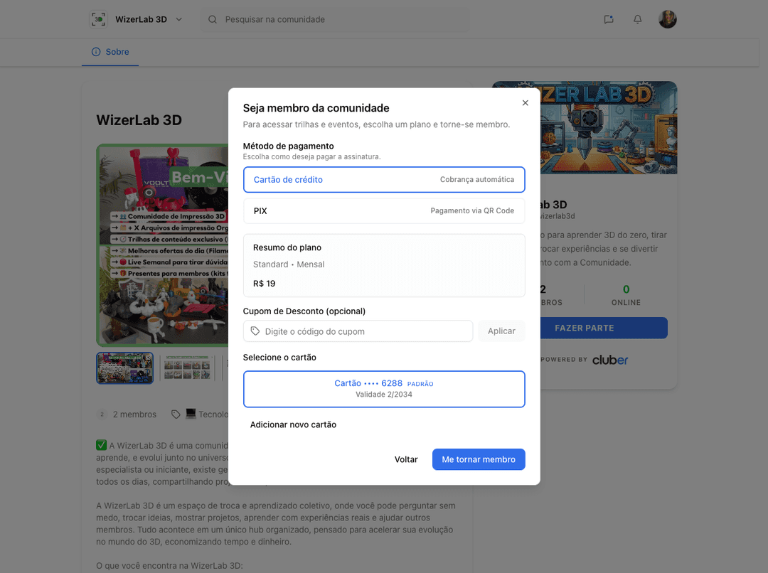 Checkout e assinaturas na Cluber