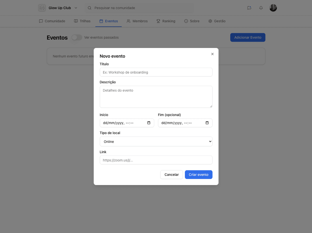 Eventos agendados na Cluber